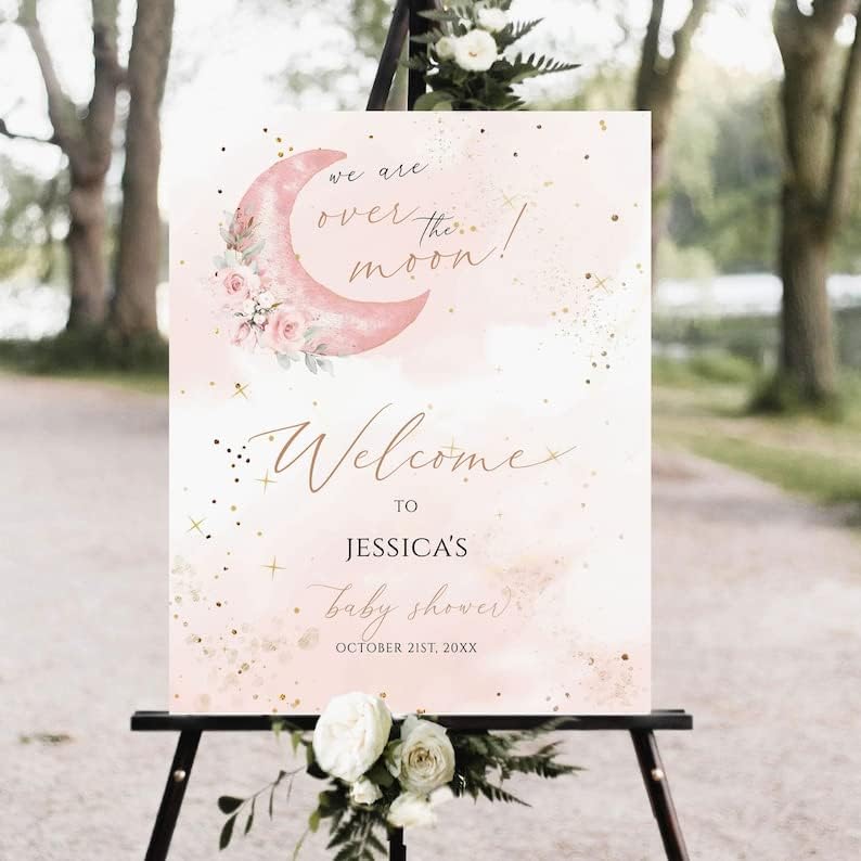 Letrero de bienvenida para baby shower con texto en inglés We are over the Moon Baby Shower Welcome Sign  Pink Twinkle Little Star Baby Shower