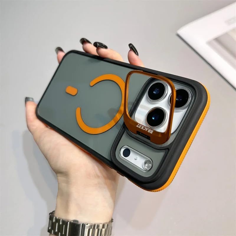 Smoked Clear Mag-Safe Case for iPhone 17 Pro Max | Metal Camera Guard Kickstand | Rugged Grip Edge | Hard PC Back + Soft TPU | Wireless Charging Support – Orange