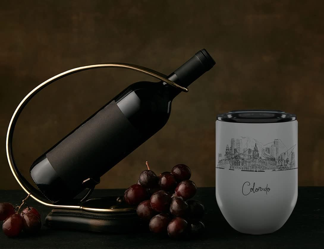 TJ Originals State of Colorado Skyline Stemless Wineglass, Colorado 12oz Wine Tumbler, Skyline Stemless Wineglass, Gift Idea for Men & Women, Personalize Gift for Her, Handwash only to preserve Text