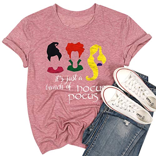 MAXIMGR It's Just A Bunch of Hocus Pocus T-Shirt for Women Halloween Sanderson Sisters T Shirt Short Sleeve Fall Top Tees (XXL, Pink)