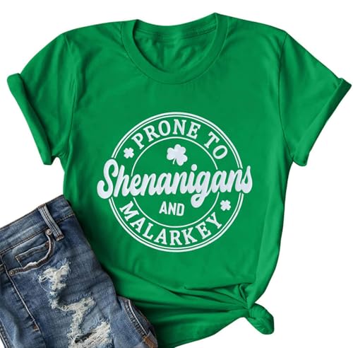 St Patricks Day Shirt Women Prone to Shenanigans and Malarkey Tshirts Shamrock Graphic Tee Tops Green L
