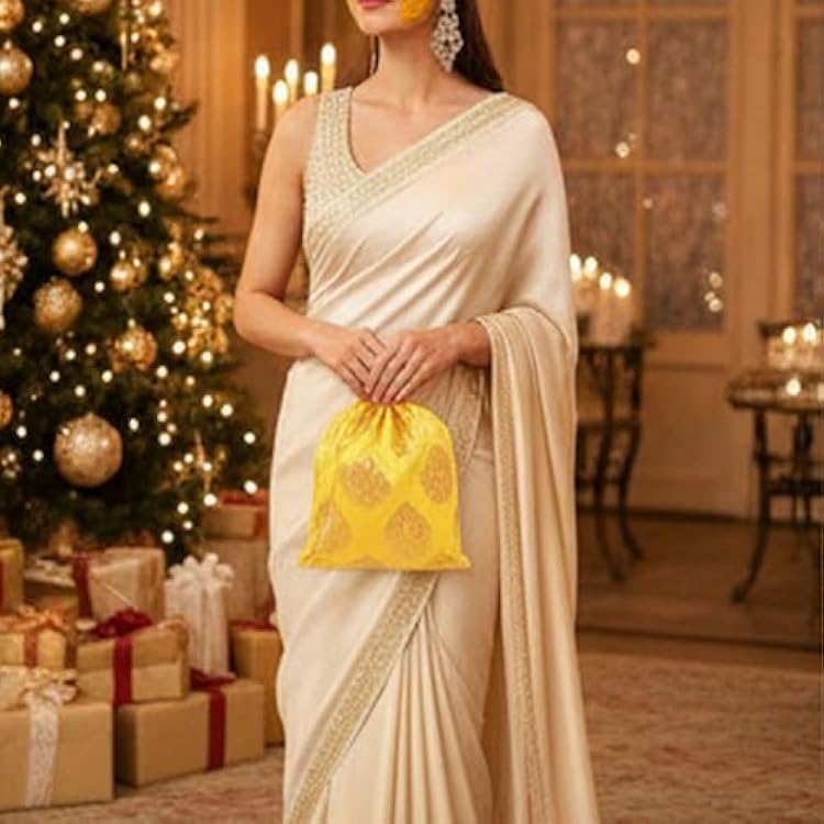 Touchstone Drawstring Bags Traditional Indian Handcrafted in Ficus Leaf Pattern Brocade fabric. Perfect for Gifts Jewelry Weddings Sweet Distribution Set of 6 Vibrant Multicolor Pouches Purses Potli.