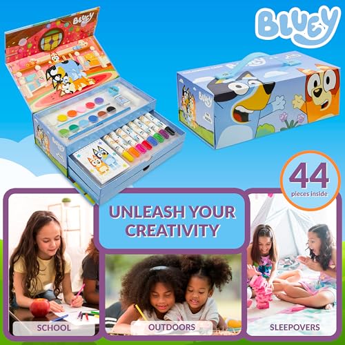 Bluey Art Set for Kids Colouring Pencils Paints Felt Tip Pens Crayons Stationery Crafts Girls Boys Art Supplies Preschool Travel 40 Plus Pcs Gift Set (Blue 3 Tier)