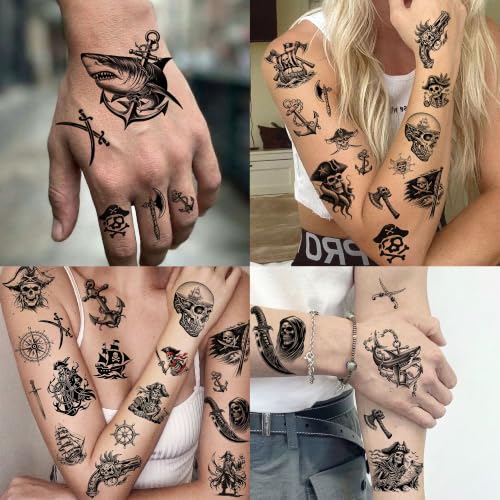 Image of VANTATY 50+ PCS 6 Sheets Skull Pirate Captain Temporary Tattoos For Men Women Adults Arm Hand Body Tattoo Sticker, Realistic Pirate Ship Sailboat Anchor Compass Fake Tattoos Halloween Costume Tatoos