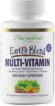 Paradise Herbs Earths Blend Once Daily Multivitamin, No Iron, 48 Organic Superfoods, Probiotics, and Vitamins A, B12, C, D, K2, 60 Count