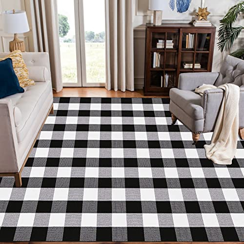 Buffalo Plaid Check Rug - Cotton Hand-Woven Indoor/Outdoor Area Rugs For Layered Door Mats Washable Carpet For Porch/Kitchen/Farmhouse Black/White (5 X 7 Ft) #TOP3