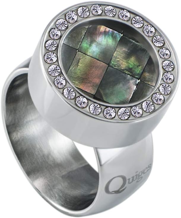 Quiges Shiny Silver Stainless Steel Zirconia Crystals Ring 12mm Mini Coin Holder and Interchangeable Grey Square Shell Coin in Size 19