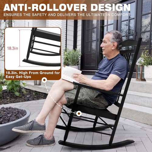 MUPATER Outdoor Rocking Chair Sets 3-Piece, Bistro Table and Chairs Set of 2,Patio Wooden Rocker Bistro Set with Foldable Table and Curved Seat,Black