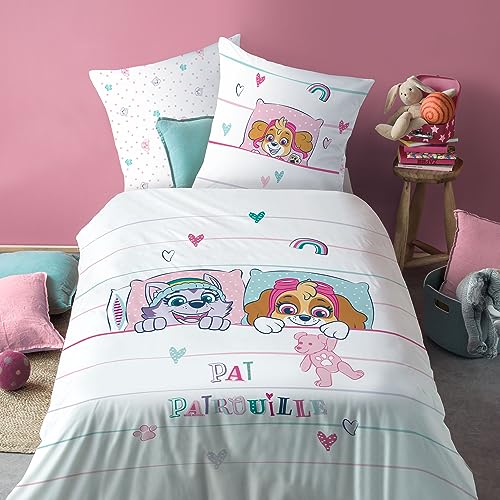 OMYDREAM Pat Patrouille Douce Nuit Parure de Lit Enfant | 100% Coton | Oeko-TEX | Housse de Couette 140x200 cm + 1 Taie d'oreiller 63x63 cm | Rose, Blanc