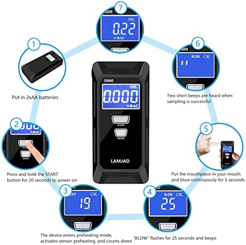 LAMJAD Breathalyzers Breath Tester, Portable Alcohol BAC Professional Personal Alcohols Fast And Accurate Results of Blood Content Tester, Digital LCD Tester With 10 Nozzles Display (balck)