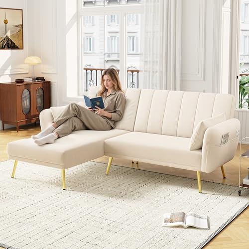 ZONJIE Sofá cama de 3 plazas multifuncional en forma de L con función de dormir, respaldo ajustable 108°, 135°/180°, con bolsillos laterales, sofá esquinero pequeño para salón (beige)