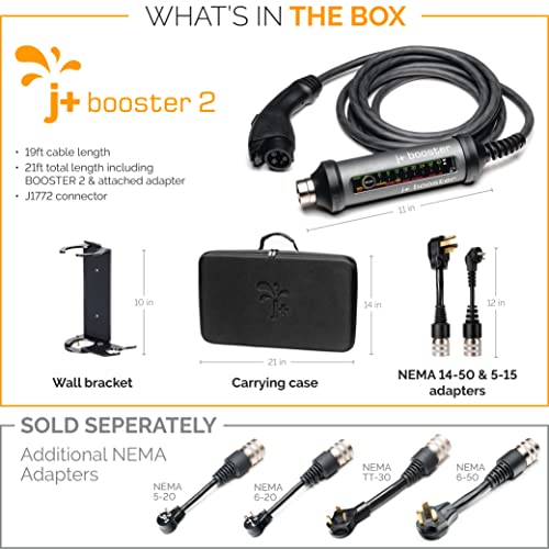J+ Booster 2 Electric Vehicle Ev Charger Level 2-40 Amp Fast Charging Station For All Ev's, Ip67 Waterproof (9.6 Kw, 240V, Evse, Etl Certified, Nema 5-15 & 14-50, Wall Mount, Carrying Case, 21Ft) #TOP1