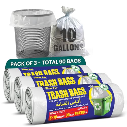 Silver Pot White Garbage Bags Pack of 3 - Small 30 bags 10 Gallons (54cm x 60cm) Extra Strong & Bio-Degradable Heavy Duty Disposable Waste Bags Total 90 bags (30 x 3 rolls)