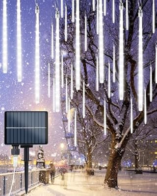 Solar Meteor Shower Icicle Lights - 20 Tubes 480 LED Raindrop Lights with Timer Function Falling Rain Lights for Holiday Party Christmas Decorations (White)