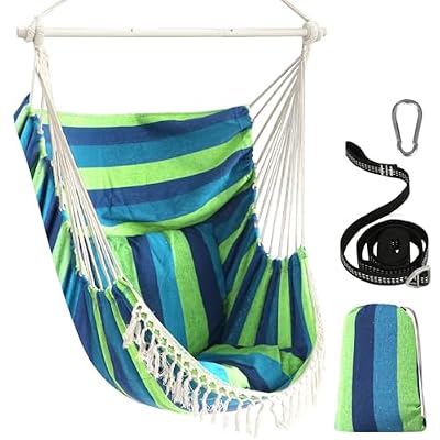 Chihee Hammock Chair Hanging Seat 2 Pillows Included,Durable Stainless Steel Spreader Bar Portable Hanging Chair Side Pocket Large Macrame Chair Set Quality Cotton Weave for Comfort Indoor Outdoor