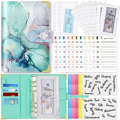 Budget Binder with Zipper Envelopes, Premium A6 Binder with Cash Envelopes for Budgeting, Money Organizer for Cash Coupon, Budget Planner with Money Envelopes for Cash(Marble Green)