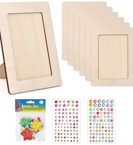 GOEDCH Lot de 8 cadres photo en bois - 15 x 20 cm - À monter soi-même - En bois naturel - Avec pierres scintillantes autocollantes - Éléments de décoration pour la décoration photo personnelle, la