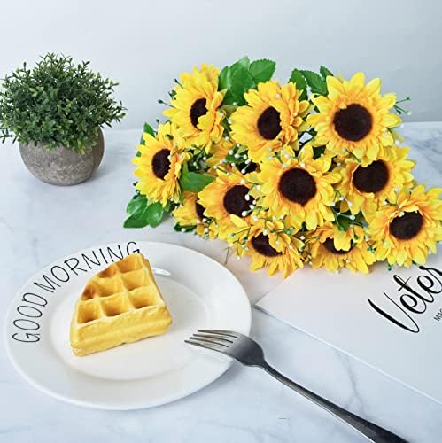 3 Bunches Artificial Flowers - Sunflower - Fake Flowers for Indoor Outdoor Home Garden Accessories, Sunflowers for Flower Decor and for arrangements for Living room, Bedroom, Yellow, 3 Pcs