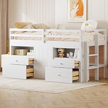 Merax Twin Loft Bed with 4 Drawers, Low Loft Bed with Underneath Cabinet and Shelves, Wood Bed Frame with Guardrails and Ladder, Wood Slat Support, No Box Spring Need, White
