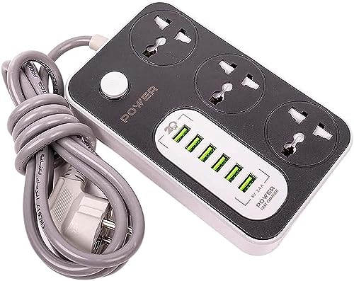 مشترك كهرباء واقي من اندفاع التيار 220 فولت مع 3 مقابس عالمية و6 منافذ شحن USB ذكية 2.4 امبير من جي باور ws341 - اسود ورمادي