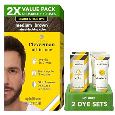 2X Reusable Hair & Beard Dye for Men Medium Brown 5.13 | Up to 10 Uses, 7 Minutes | Natural Gray Coverage, No-Drip Cream with SkinArmour Cleverman