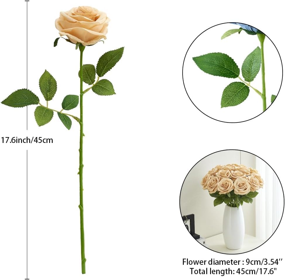 50pcs Beige Roses Artificial Flowers Bulk Fake Roses Silk Flower with Stems Realistic Flowers for Wedding Centerpiece Party Birthday Decor - Image 4