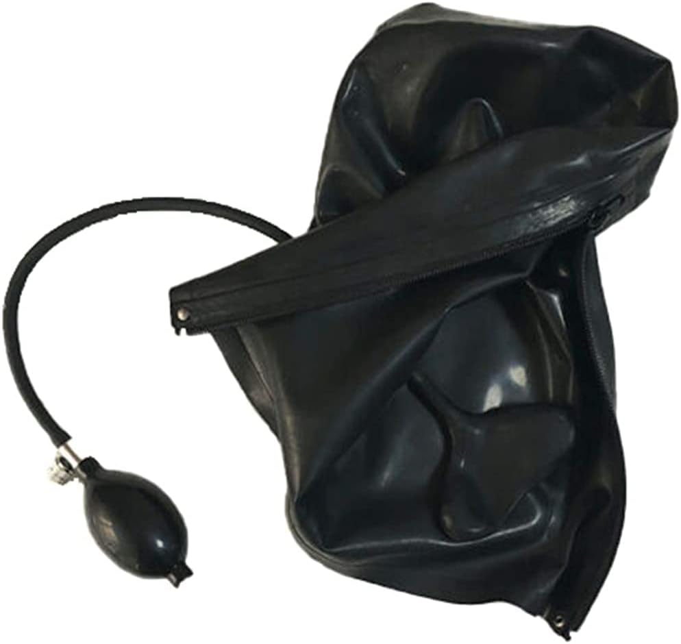 Sexy Full Covered Latex Hood with Inflatable Gag Aerate Mouth Plug Rubber Club Mask