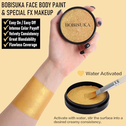 BOBISUKA Metallic Gold Face Body Paint, Water-Based Face Painting Kit & Body Paints, Facepaint for Adults Halloween Golden Masquerade Mask & Skull Special Effects Art Make-Up Costume Cosplay & Theater - Thumbnail 2