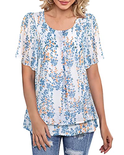 Gaharu Women's Tunics Womens Blouses For Work Professional Short Sleeve Chiffon Tunic Shirts Female Sheer Chiffon Layered Pleated Tops Crewneckline Swing Tunic Floral White Blue,Xl #TOP2
