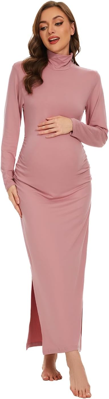 Turtleneck Long Sleeve Maternity Bodycon Dresses for Photography Maternity Baby Shower and Casual