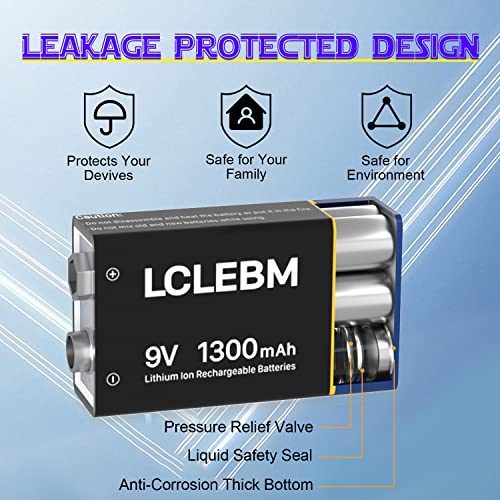Lclebm Usb Rechargeable 9V Batteries,1300Mah 9V Lithium Rechargeable Batteries Long Lasting 9 Volt Li-Ion Batteries For Smoke Alarm,Digital Cameras And Home Devices - 4 Packs #TOP1