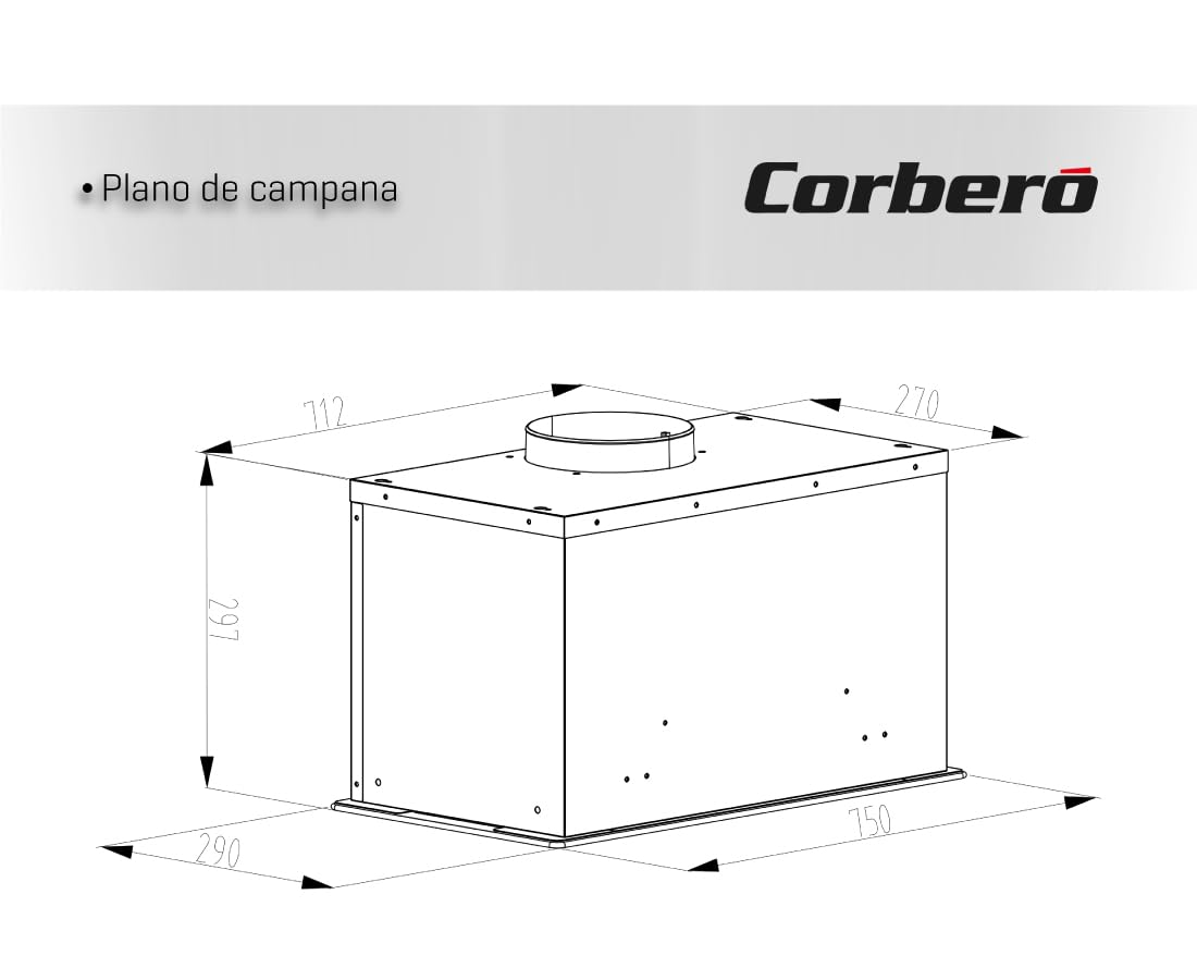 Corberó - Okap filtracyjny | 75 cm | MAURICIO7575B | Przepływ 581 m3/h, 230 W, 3 prędkości, 3-warstwowy filtr aluminiowy, filtr węglowy | E. Energetyczny B | Stal nierdzewna i czarny