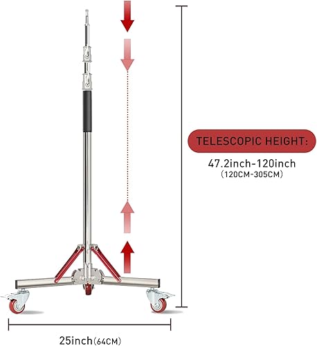 Miniatura 4 de Soporte de luz resistente con ruedas  Altura máxima de 10 pies120.1 in, trípode ajustable 100% acero inoxidable para estudio Softbox, Monolight,
