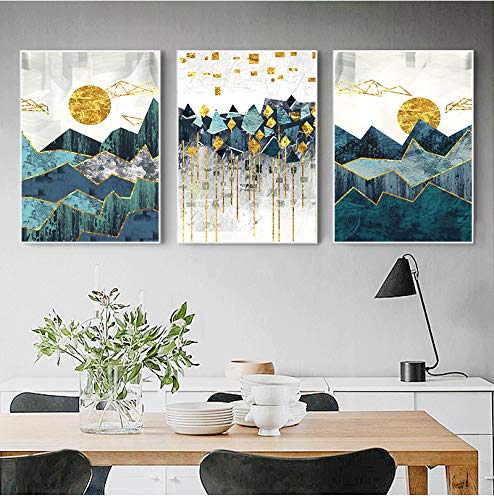 Tableau montagne nordique or abstrait pour salon contemporain
