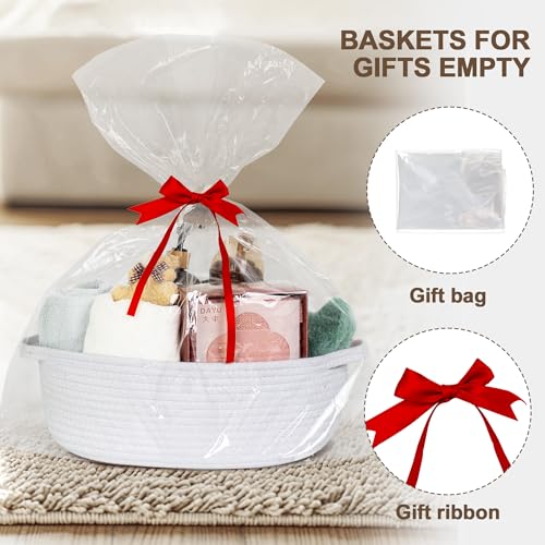 Image of Small Baskets for Gifts Empty, 13 inchx 9 inchx 5 inch Woven Gift Basket with Bag and Ribbon, Cotton Rope Kids Dog Cat Toy Bin Box, Cute Baby Nursery Organizer, Decorative Storage with Handles (White)