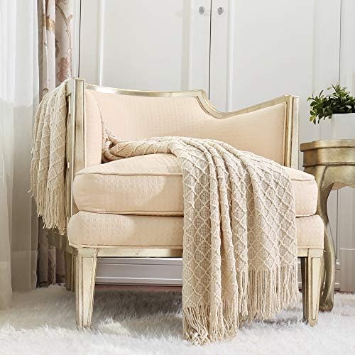 CREVENT Farmhouse Knit Throw Blanket for Couch Sofa Chair Bed Home Decoration, Soft Warm Cozy Light Weight (127cmX152cm Cream / White )