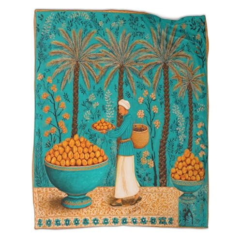kaiyun Date Palm Tree, Man Carries A Basket of Dates on His Head Throws And Patchwork Quilts,70x80inch(180x200cm),Soft Blanket with Pattern