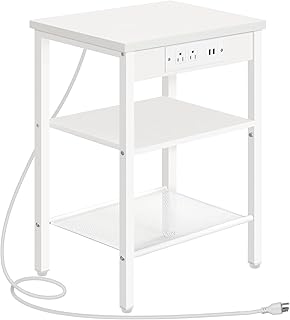 HOOBRO Side Table with Charging Station and USB Port, Small End Table for Small Space, 3-Tier Nightstand with Adjustable Shelf, for Living Room, Bedroom and Balcony, White WW112BZ01