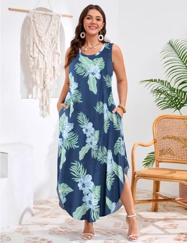 Image of JollieLovin Women Plus Size Summer Tank Maxi Dresses Sleeveless Causal V Neck Beach Long Dresses Swim Cover up (L-5X)