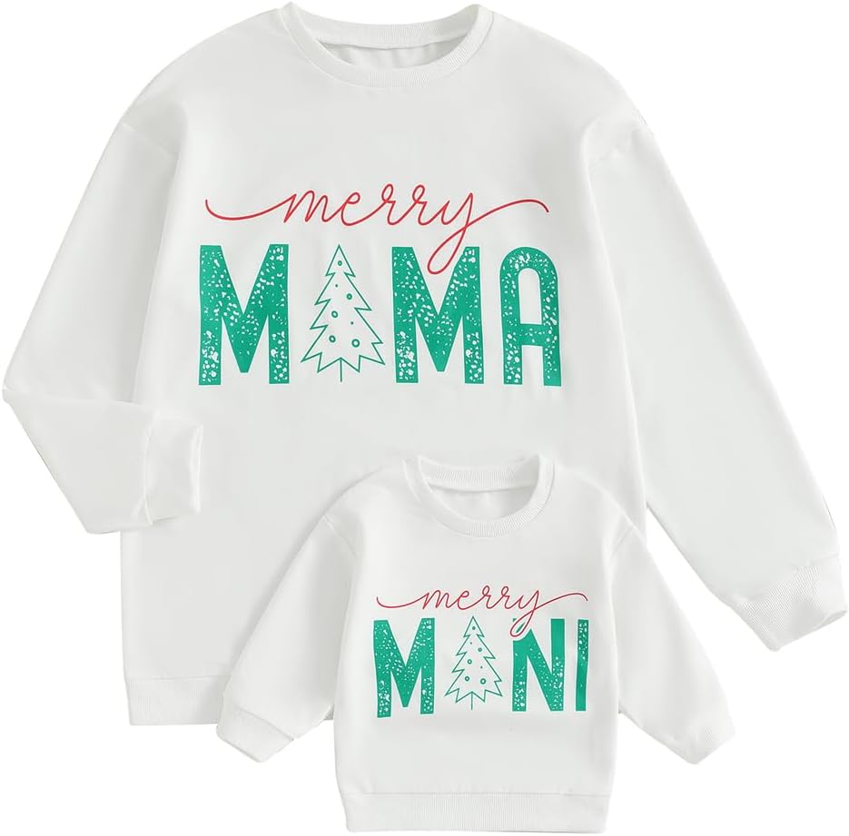 luethbiezx Family Matching Outfit Mommy and Me Christmas Sweatshirt Merry Mama Mini Long Sleeve Crewneck Pullover Top
