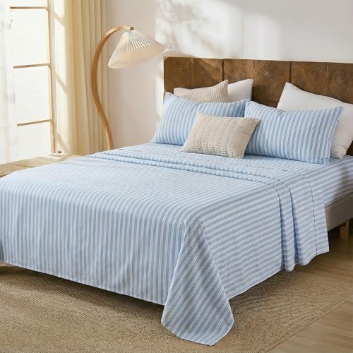 Image of Merryword Blue and White Striped Sheet Set King Size, 100% Cotton Fitted Sheet Set with Deep Pockets, Crisp Cool Feeling, Ribbon Stripes Design, 4-Piece All Season Bedding