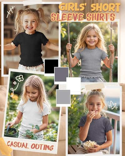 Mumucove 4 Pack Girls' Short Sleeve Shirts Ribbed Crew Neck Lettuce Trim Tops Cute Casual Basic T-Shirts 5-14Y(9-10 Years,Light Gray, White, Dark Gray, Black)