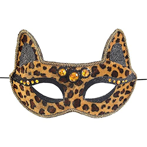 Cheetah Mask - One Size Fits All - (Pack Of 1) - Brown & Black Fabric With Beaded Accents - Unique Mask For Festivities & Parties