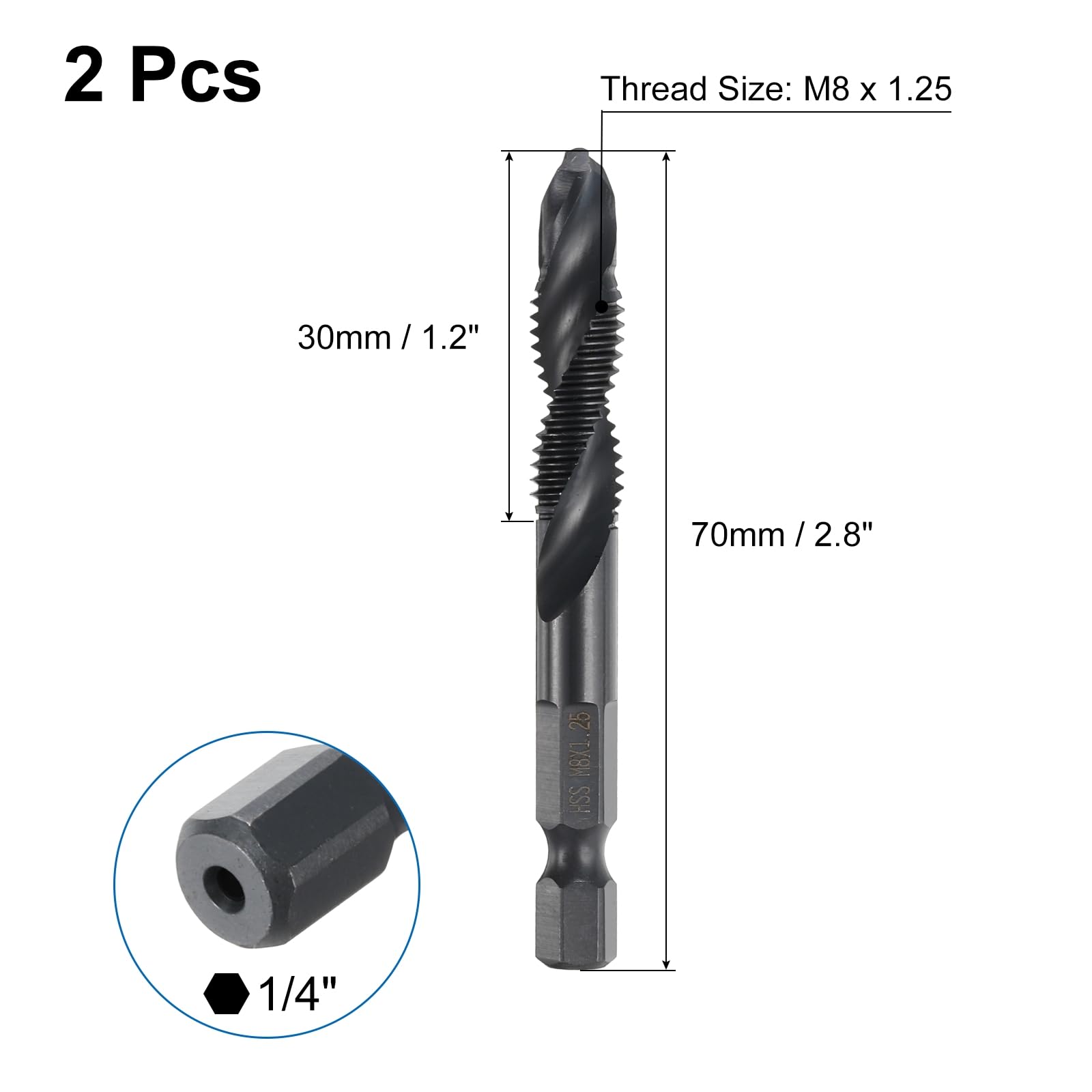 sourcing map Kombi-Bohrer- und Gewindebohrer-Bits, metrisch, M8 x 1,25 Gewinde, 6,35 mm Sechskantschaft, Nitridbeschichtete Gewindeschneider, 4341 Hochgeschwindigkeitsstahl, Maschinenbohrwerkzeug, 2