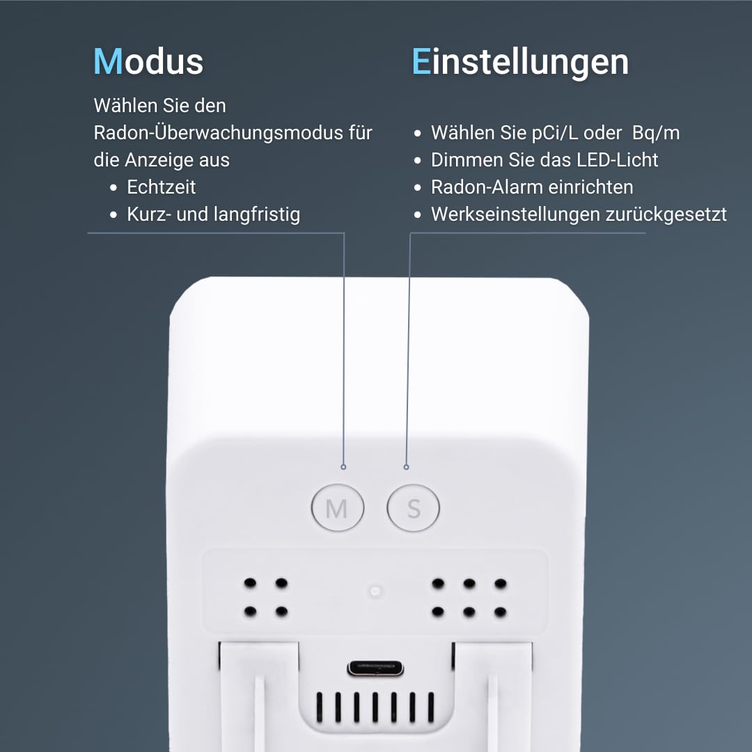 Ecosense EB100 EcoBlu, Heim-Radondetektor, Erfassung und Anzeige von Ergebnissen alle 10 Minuten, kurz- und langfristige, kontinuierliche Überwachung, einfach zu bedienen