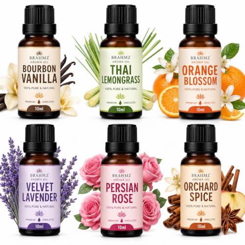 Image of BRAHMZ Aroma Oil Gift Set (10ml x 6) with 6 Tealight Candles | Home Fragrance Oils for Diffusers, Ceramic Oil Burners & Potpourri | Persian Rose, Lavender, Vanilla, Lemongrass, Orange Blossom & Orchard Spice