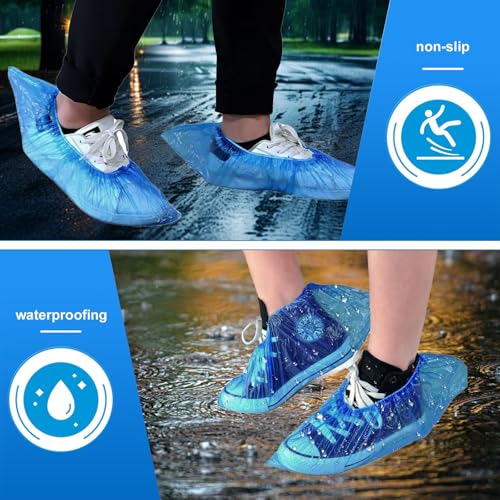 100 Stück Einweg Schuhüberzieher Wasserdicht & Rutschfest – Robuste Überschuhe aus CPE für Haushalt, Reinigung, Labor, Gäste, Baustelle, Innenbereich – Universalgröße Blau