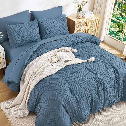 Image of Andency Super King Plus Comforter Set Ocean Blue - 7 Pieces Bed in a Bag Oversized King Bedding Sets, Boho Tufted Lightweight Fluffy Bed Set with Comforter, Sheets, Pillowcases & Shams