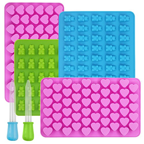 Candy Silicone Molds & Ice Cube Trays, Yucool 4 Pack Gumdrop Jelly Molds, Non-Stick Food Grade Silicone Molds,Gummy Bear Candy Molds With 2 Bonus Droppers - Heart, Bear #TOP7