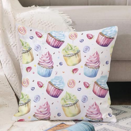 VJIZLOQB Fundas Cojines,Fundas de Cojines Decorativo Fundas Cojin Poliéster por Sala de Dormitorio Sofá,Patrón sin Costuras con Cupcakes de Acuarela aislados sobre Fondo Azul. Ilustrac,45x45cm